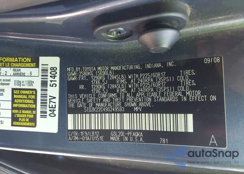 2009 Toyota Sienna Xle z USA, uszkodzony, nr VIN 5TDZK22C49S249593